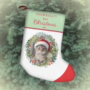 Calcetín Navideño Pequeño Primera Wreath de acuarela navideña de mascota