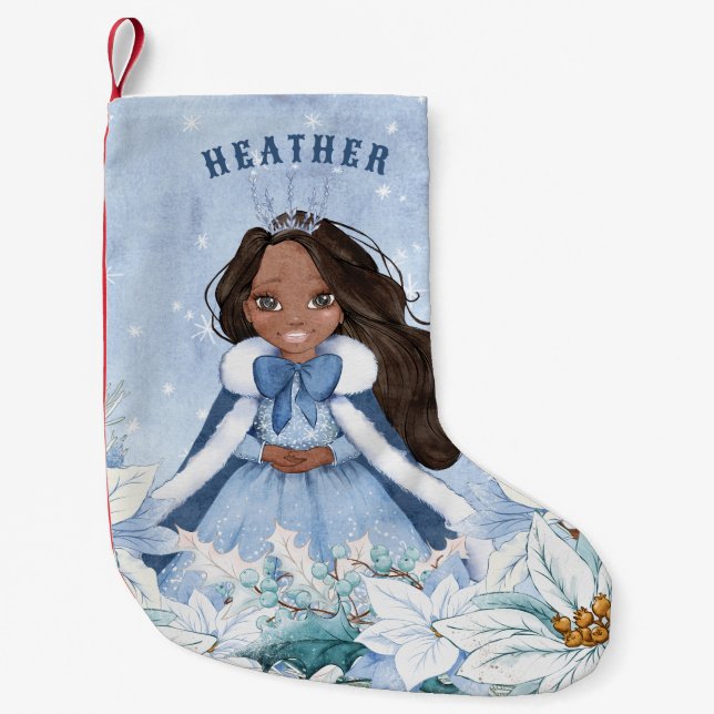 Calcetín Navideño Pequeño Princesa africana de invierno con nieve (Anverso)
