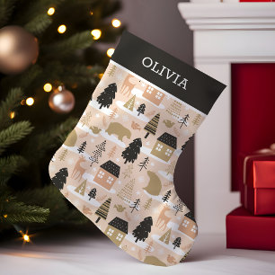 Calcetín Navideño Pequeño Pueblo de Osos de Navidad Rosa Negro Oro Moderno