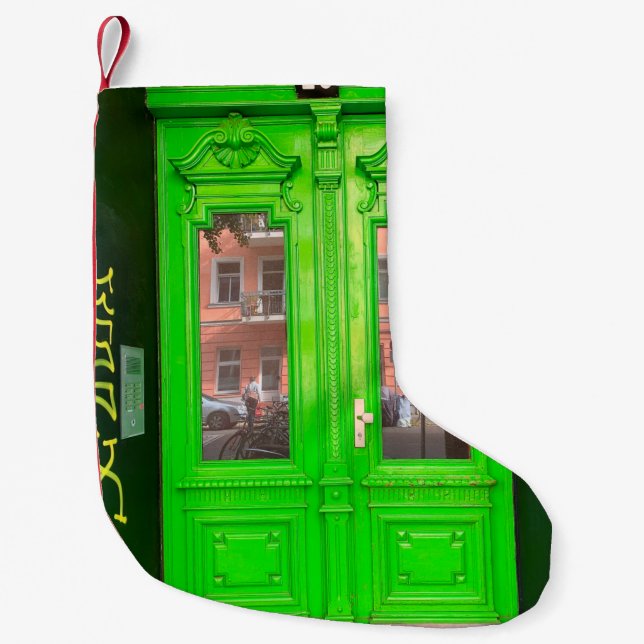 CALCETÍN NAVIDEÑO PEQUEÑO PUERTA DE CRISTAL DE MADERA VERDE (Anverso)