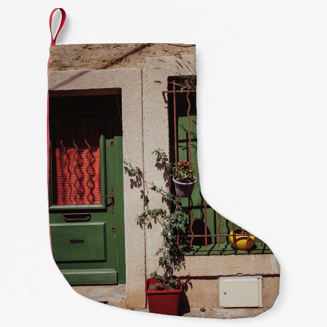 CALCETÍN NAVIDEÑO PEQUEÑO PUERTA DE MADERA VERDE CON PLANTA VERDE (Anverso)