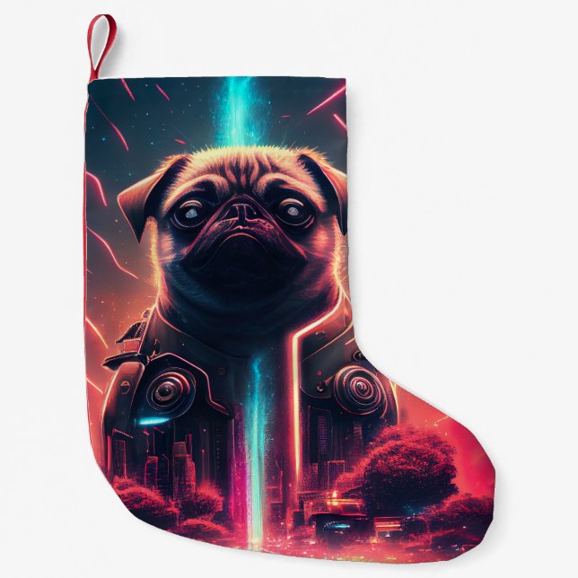 Calcetín Navideño Pequeño Pug Adorable en traje futurista de robots (Anverso)