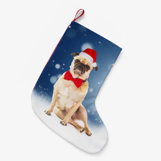 Calcetín Navideño Pequeño Pug con Navidades Santa Hat (Frente (Colgado))