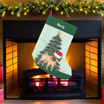 Calcetín Navideño Pequeño Pug en Santa Hat Árbol de Navidad Monograma verde<br><div class="desc">Este hermoso cerdo tiene la cabeza inclinada dentro de un lindo gorra de Santa Claus. El adorable perro está sentado frente a un árbol de Navidad bonito decorado con adornos coloridos. Personaliza a estos Navidades cargando para tu mascota en una bonita cursiva roja sobre el maravilloso dibujo de mi perrito...</div>