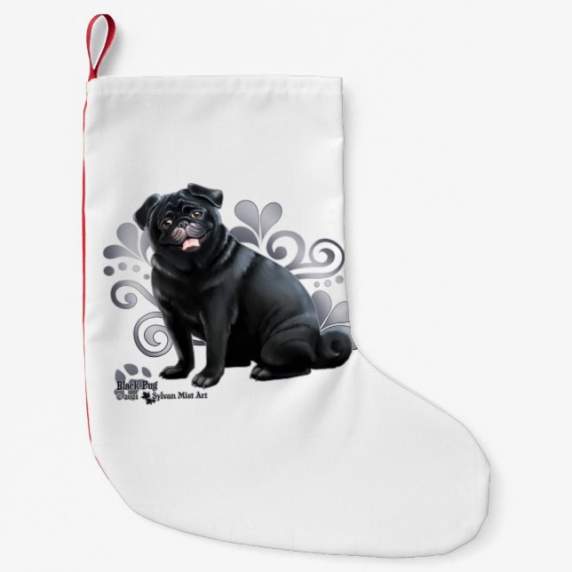 Calcetín Navideño Pequeño Pug negro (Anverso)