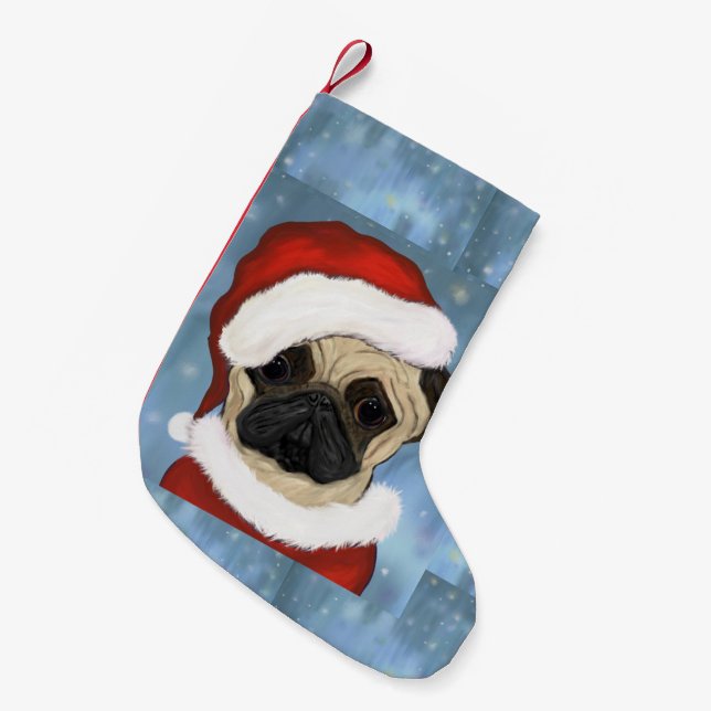 Calcetín Navideño Pequeño Pug Santa (Frente (Colgado))