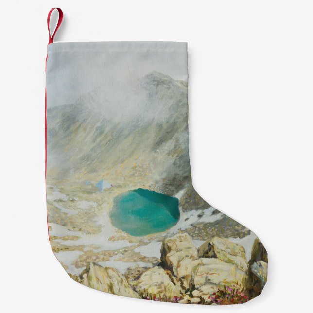 Calcetín Navideño Pequeño Punto de Musala, pintura al óleo, Bulgaria. (Anverso)