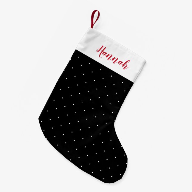 Calcetín Navideño Pequeño Punto de polka blanco y negro (Frente (Colgado))