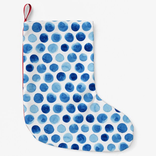 Calcetín Navideño Pequeño Puntos de polka azul, patrón de acuarela transpare (Anverso)
