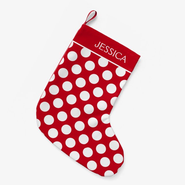 Calcetín Navideño Pequeño Puntos de Polka Blanco sobre fondo rojo (Frente (Colgado))