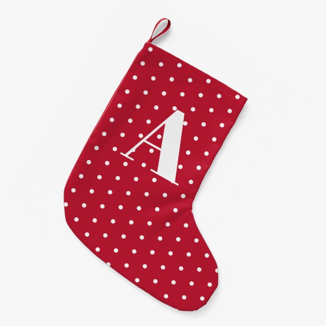 Calcetín Navideño Pequeño Puntos Monogramados de Polka Blanco y Rojo (Frente (Colgado))