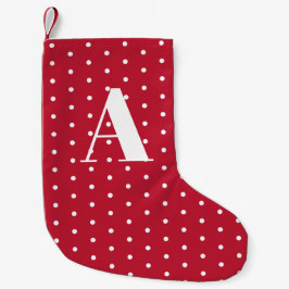 Calcetín Navideño Pequeño Puntos Monogramados de Polka Blanco y Rojo