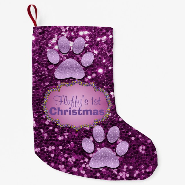Calcetín Navideño Pequeño Puppy Paws Purple Faux Purpurina (Anverso)