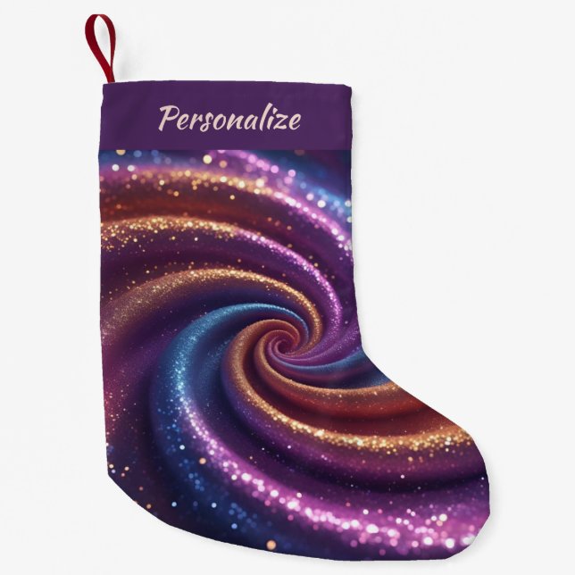 Calcetín Navideño Pequeño Purple and Gold Glitter Swirl Pattern Christmas (Anverso)