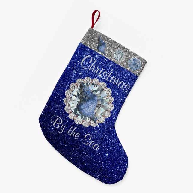 Calcetín Navideño Pequeño Purpurina Blue Seashell Jewel Blue & Silver Faux (Frente (Colgado))