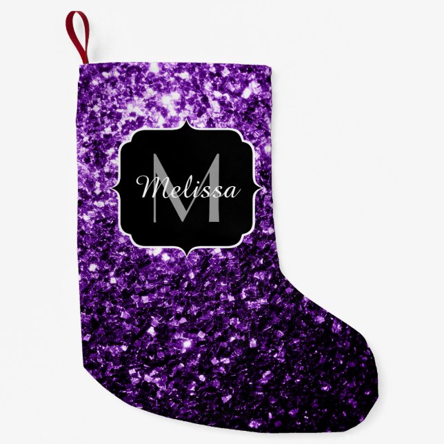 Calcetín Navideño Pequeño Purpurina brillante oscuro morado chispas Monogram (Anverso)