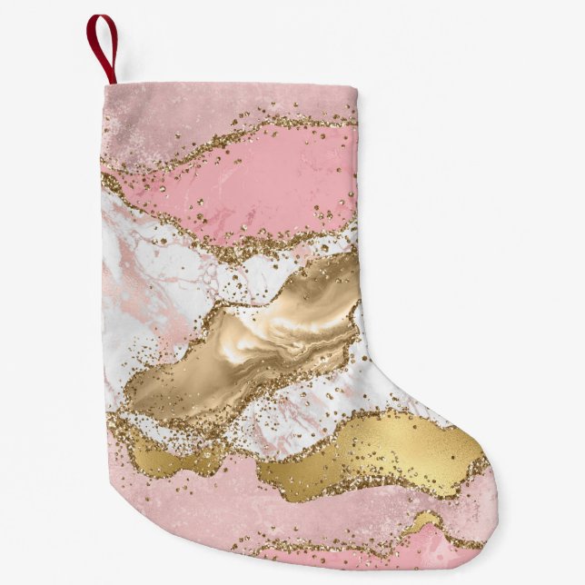 Calcetín Navideño Pequeño Purpurina Oro de Mármol Blanco Rosa (Anverso)