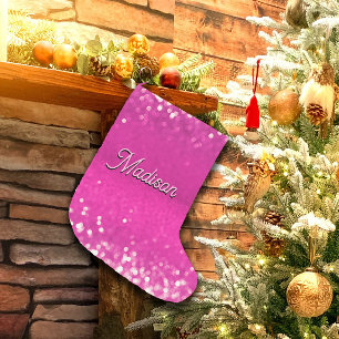 Calcetín Navideño Pequeño Purpurina Rosado Caliente Personalizado de Bokeh T