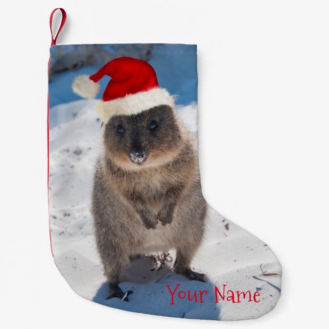 Calcetín Navideño Pequeño Quokka feliz y lindo en los Navidades de playa (Anverso)