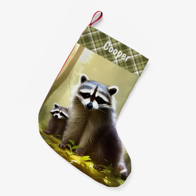 Calcetín Navideño Pequeño Raccoon Family Wildlife Retrato Personalizado (Frente (Colgado))