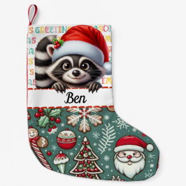 Calcetín Navideño Pequeño Raccoon Santa con diseño de saludos de temporada