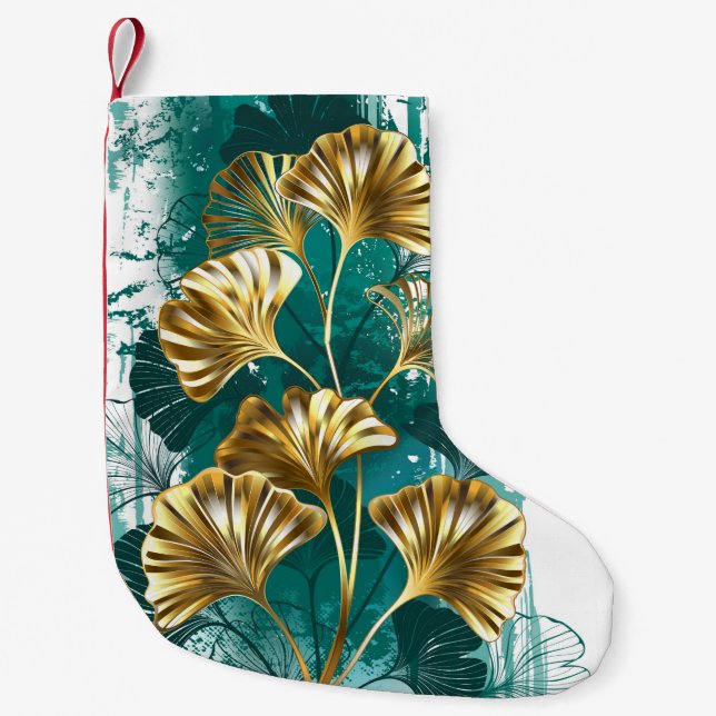 Calcetín Navideño Pequeño Rama con hojas doradas Ginko Biloba (Anverso)