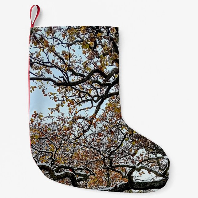 Calcetín Navideño Pequeño Ramas con hojas de naranja y nieve (Anverso)