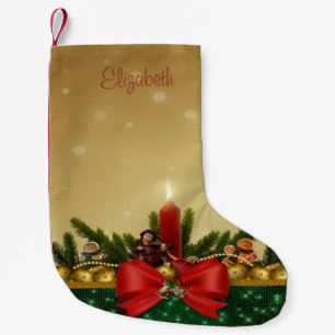 Calcetín Navideño Pequeño Ramas de árbol de pino, vaca roja, velas, bolas