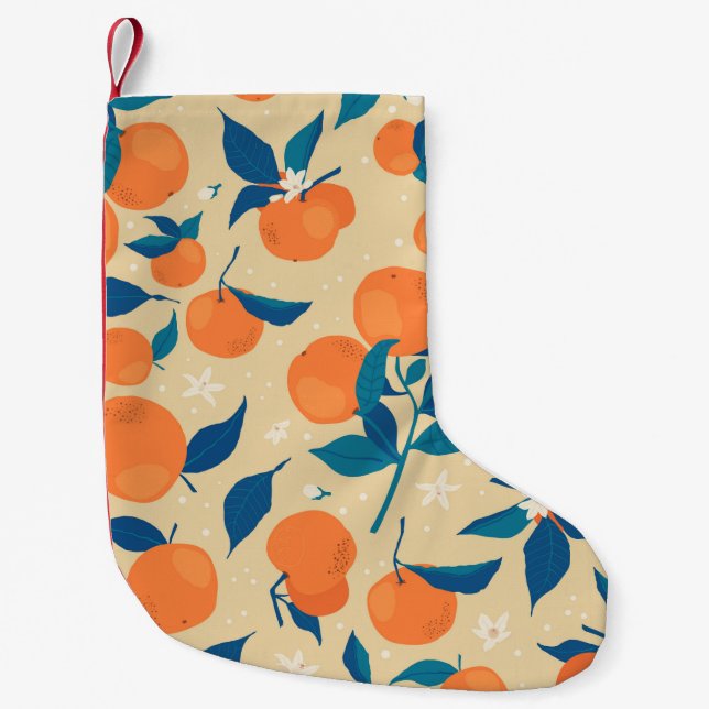 Calcetín Navideño Pequeño Ramas de naranjas: Patrón de fondo beige (Anverso)