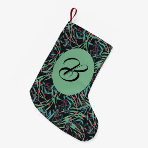 Calcetín Navideño Pequeño Ramas holly sobre negro. Personalizado con el nomb