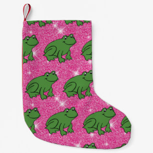 Calcetín Navideño Pequeño Rana Verde Anfibios Animales Brillo Rosa Fantasía