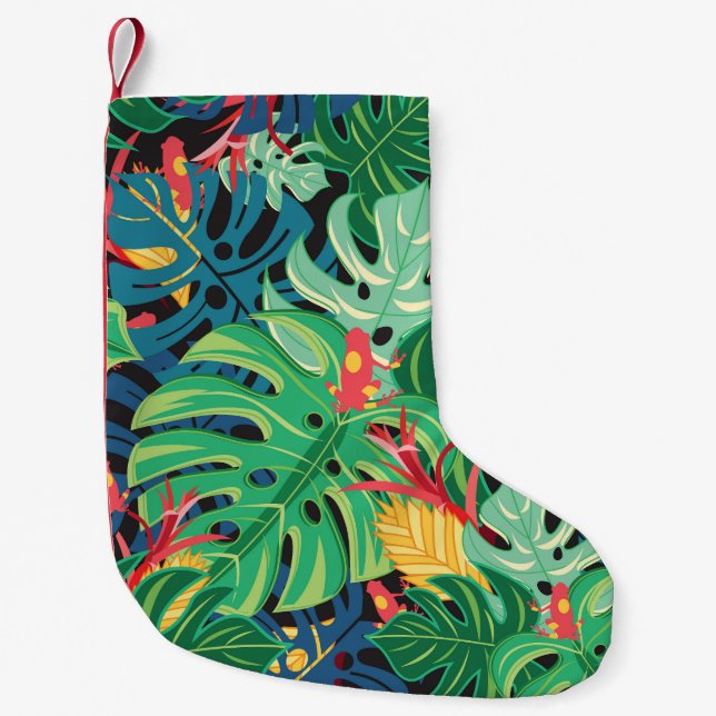 Calcetín Navideño Pequeño Ranas Monstera Ranas Oscuras Patrón (Anverso)