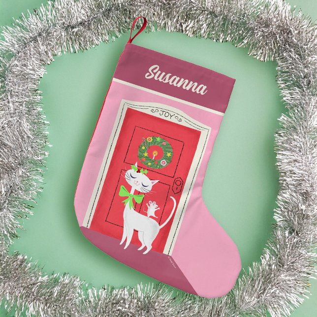 Calcetín Navideño Pequeño Ratón y gato blanco retro de vacaciones (Subido por el creador)