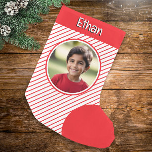 Calcetín Navideño Pequeño Rayas de Caramelo Rojo y Blanco Foto Personalizada