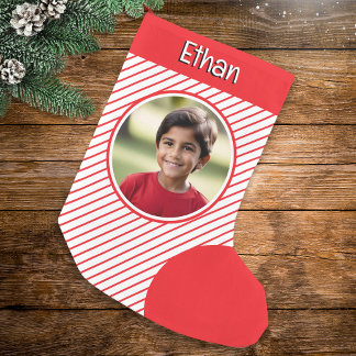Calcetín Navideño Pequeño Rayas de Caramelo Rojo y Blanco Foto Personalizada