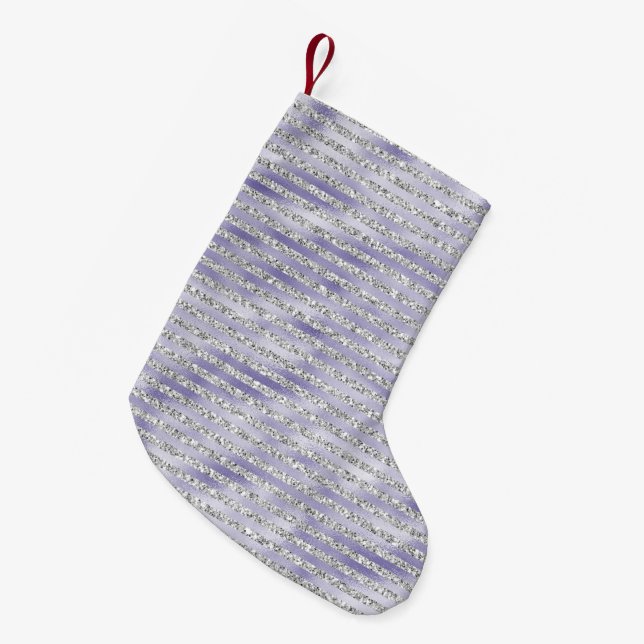 Calcetín Navideño Pequeño Rayas Purpurinas Glitzy Morado Plateado (Frente (Colgado))