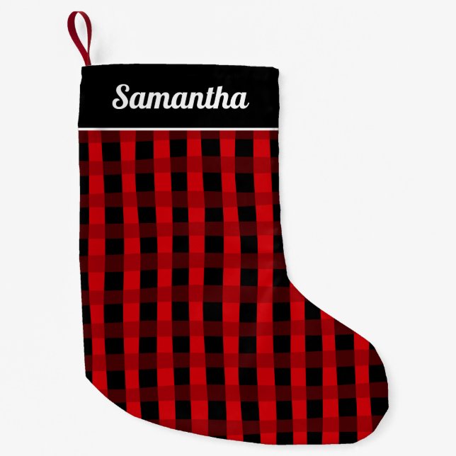 Calcetín Navideño Pequeño Red Black Buffalo Plaid Personalized Name (Anverso)