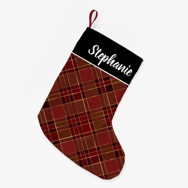Calcetín Navideño Pequeño Red Black Gold Buffalo Plaid Personalizado Nombre (Frente (Colgado))