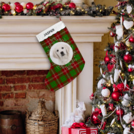 Calcetín Navideño Pequeño Red Green Tartan Plaid Winter Wreath Pet Dog Photo