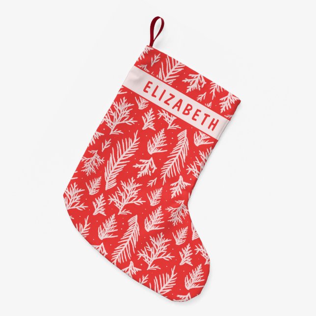 Calcetín Navideño Pequeño Red & Pink Winter Pine Branches (Frente (Colgado))