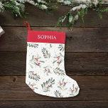 Calcetín Navideño Pequeño Red Winter Botanical Festive Gold Dots Nombre pers<br><div class="desc">Navidades divertidos y festivos que presentan un patrón de berry rojo botánico de invierno acentuado por puntos falsos de polka de oro. Añade un nombre para personalizar,  perfecto para los niños y adultos por igual.</div>