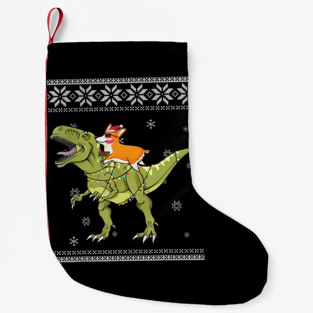 Calcetín Navideño Pequeño Regalo de perro| Corgi Riding T Rex Dinosaurios Na (Anverso)