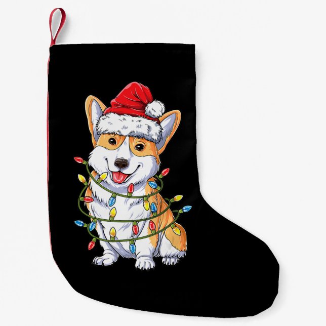 Calcetín Navideño Pequeño Regalo de perro| Corgi Santa Christmas Light Xmas (Anverso)