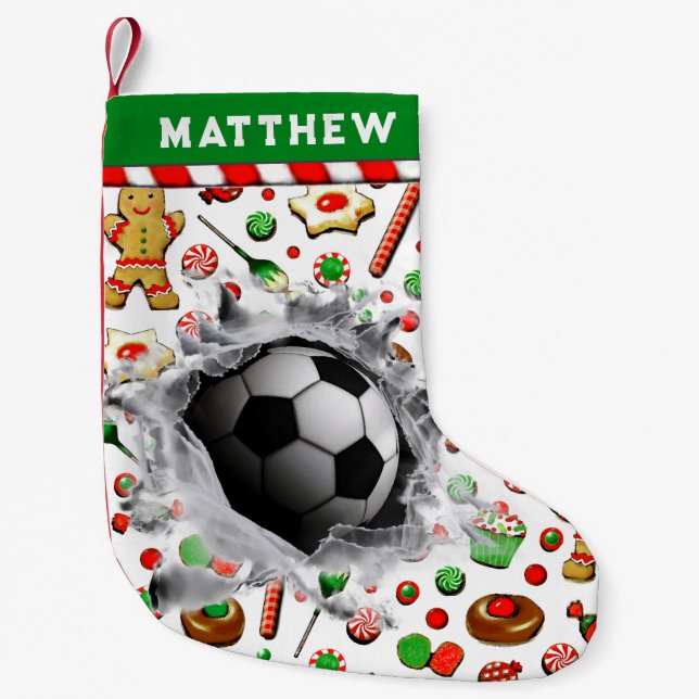 Calcetín Navideño Pequeño Regalo de vacaciones de fútbol personalizado (Anverso)
