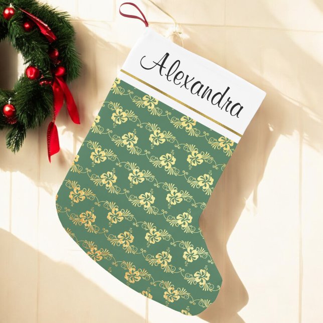 Calcetín Navideño Pequeño Relieve metalizado dorado y flores tropicales verd (Subido por el creador)