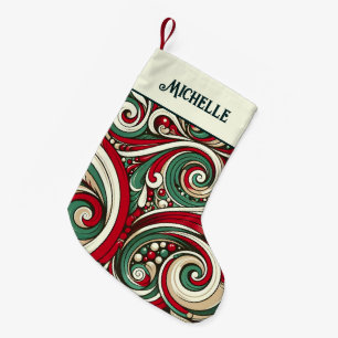 Calcetín Navideño Pequeño Remolinos rojos y verdes personalizados
