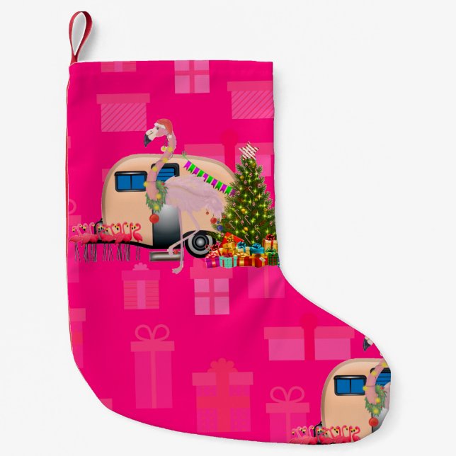 Calcetín Navideño Pequeño remolque de flamingo para navidades (Anverso)