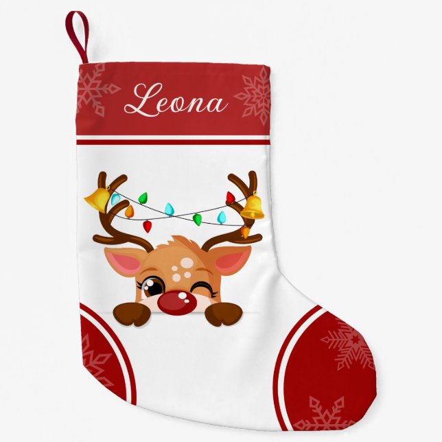 Calcetín Navideño Pequeño Reno de invierno con Navidades alumbrando en ángel (Anverso)