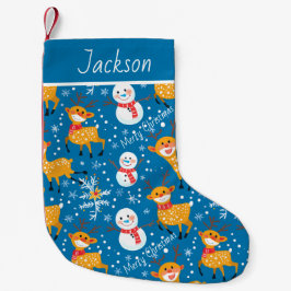 Calcetín Navideño Pequeño Reno dulce y azul Snowman