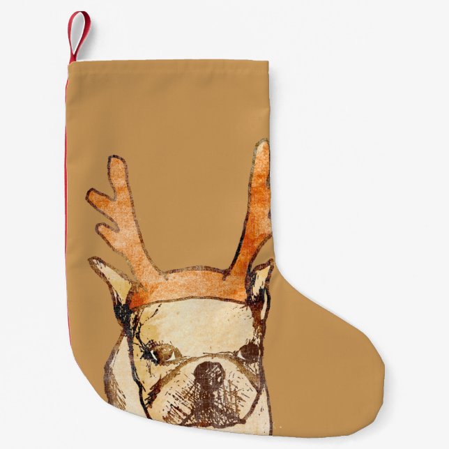 Calcetín Navideño Pequeño Reno Frenchie (Anverso)